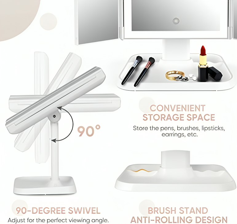 Oglindă LED pliabilă cu 3 panouri pentru machiaj precis